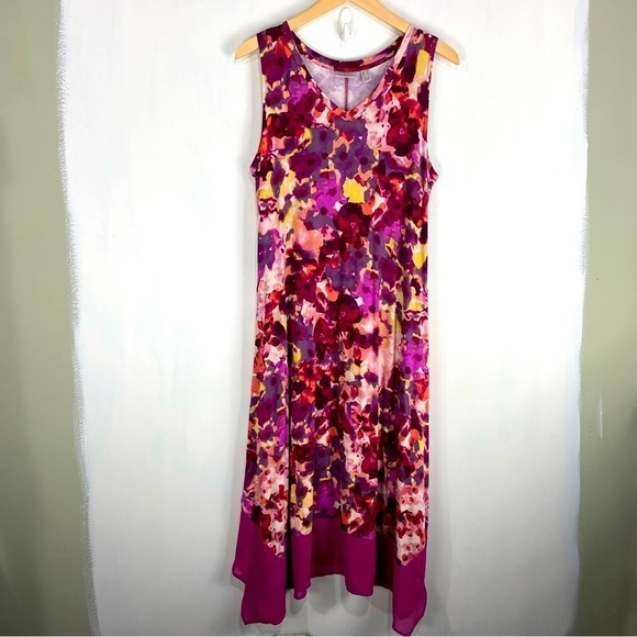 LOGO Lori Goldstein Floral Print Soft Stretchy Jersey Knit‎ Maxi Dress Medium - Picture 1 of 6